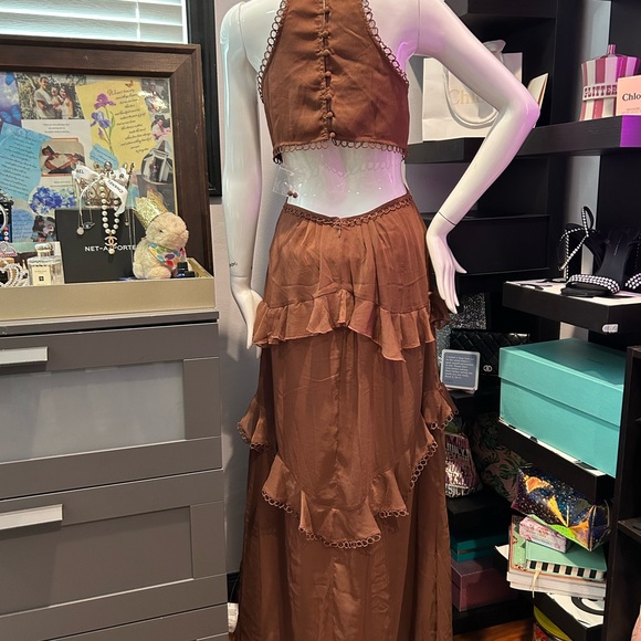 ASOS Brown Maxi Dress with Tiered Ruffles and Plunging Neckline - Picture 2 of 7